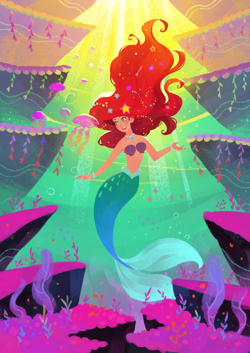 1girl air_bubble ariel_(disney) bare_shoulders bikini bracelet breasts bubble choker colorful commentary day english_commentary fish floating_hair fork_hair_ornament full_body green_eyes grin hachifuku hair_ornament highres jellyfish jewelry light_rays long_hair looking_at_animal mermaid monster_girl navel necklace red_hair shell shell_bikini small_breasts smile solo star_(symbol) star_hair_ornament submerged sunbeam sunlight swimming the_little_mermaid_(disney) underwater very_long_hair