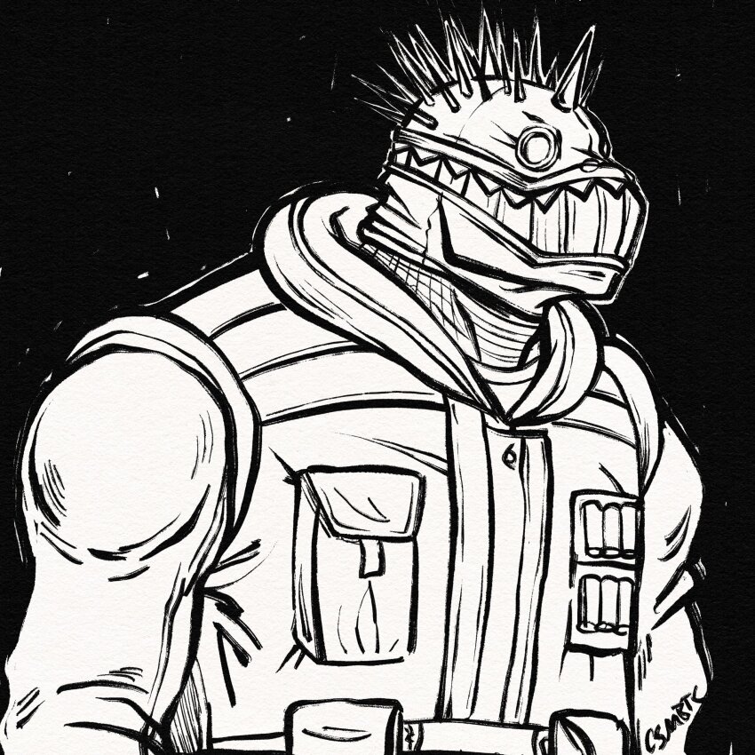 1boy black_background broad_shoulders caiman_(dorohedoro) coat commentary csmbtc dorohedoro english_commentary full_mask greyscale highres hood hood_down inktober male_focus mask monochrome pocket signature simple_background solo spiked_hair upper_body