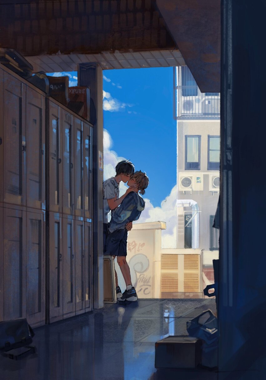 2boys amo_(amo_0514) ankle_socks arched_back arm_around_waist bag black_bag black_hair black_shoes black_shorts blue_jacket blue_sky box brown_hair building cardboard_box chinese_commentary closed_eyes cloud commentary_request condenser_unit day from_side graffiti hand_on_another&#039;s_chest hand_on_another&#039;s_neck hand_up highres hood hood_down hooded_jacket jacket kiss locker long_sleeves low_ponytail male_focus multiple_boys original outdoors pillar plastic_bag ponytail reflection reflective_floor school_bag shirt shoes short_hair short_ponytail short_sleeves shorts sky sneakers socks standing tile_floor tiles white_shirt white_socks window yaoi