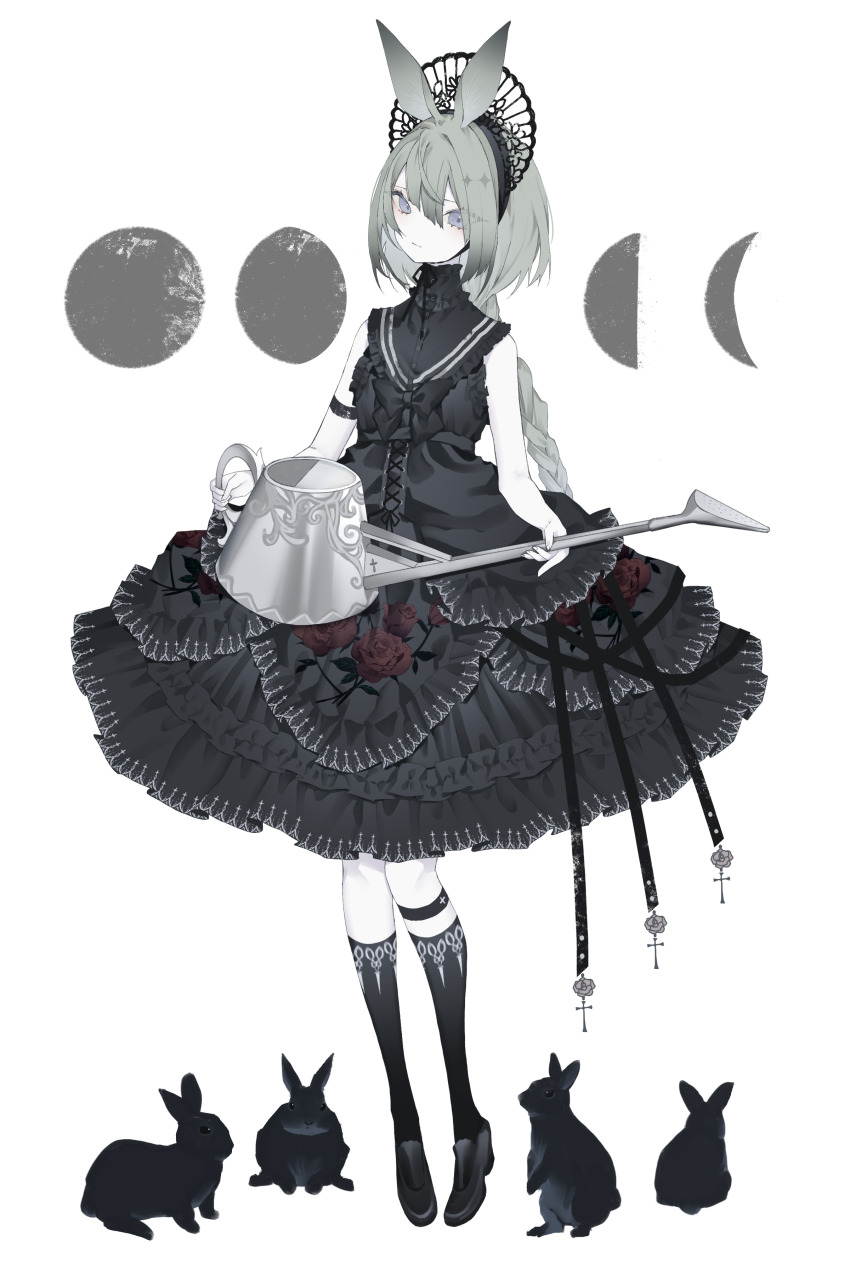 1girl absurdres animal_ears arm_strap black_bow black_bowtie black_headdress black_rabbit_(animal) black_shoes black_socks bow bowtie braid braided_ponytail calflet closed_mouth cross dress floral_print full_body grey_hair hair_between_eyes highres holding holding_watering_can kneehighs kotarou_(kot_mochi) latin_cross looking_at_viewer moon_phases original print_skirt rabbit_ears rose_print shoes skirt sleeveless sleeveless_dress socks solo watering_can white_background