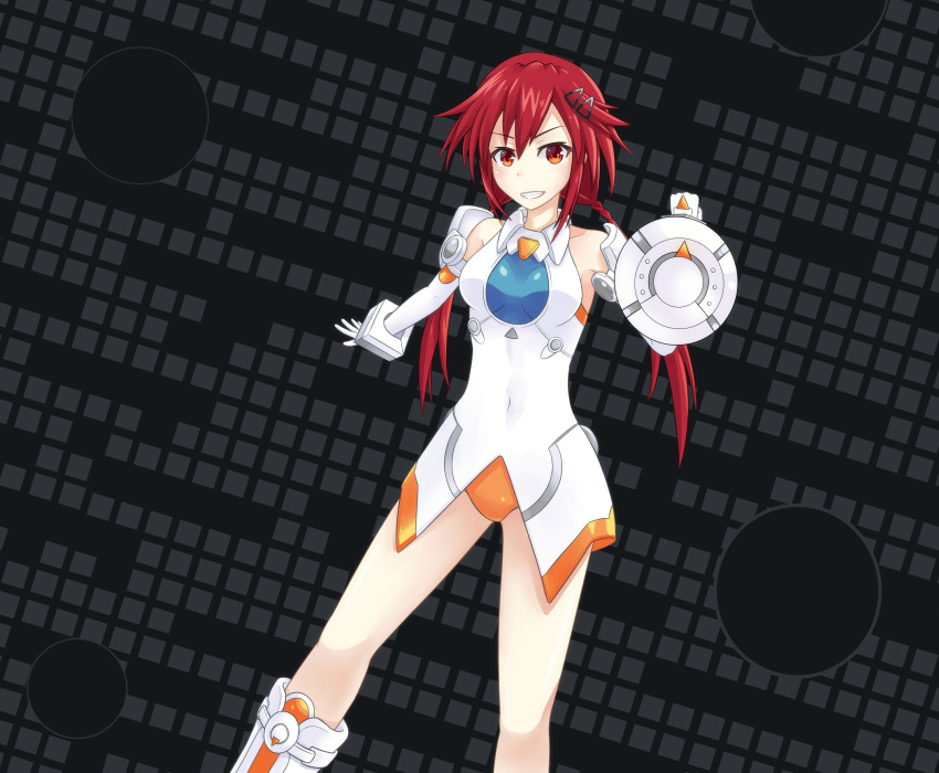 1girl bare_shoulders braid breasts covered_navel elbow_gloves female_focus gloves grin hair_ornament hairclip halcyon_(halcyon90) highres leotard long_hair looking_at_viewer medium_breasts neptune_(series) orange_eyes orange_heart_(neptunia) red_hair shin_jigen_game_neptune_vii skin_tight smile solo tennouboshi_uzume twin_braids twintails white_gloves