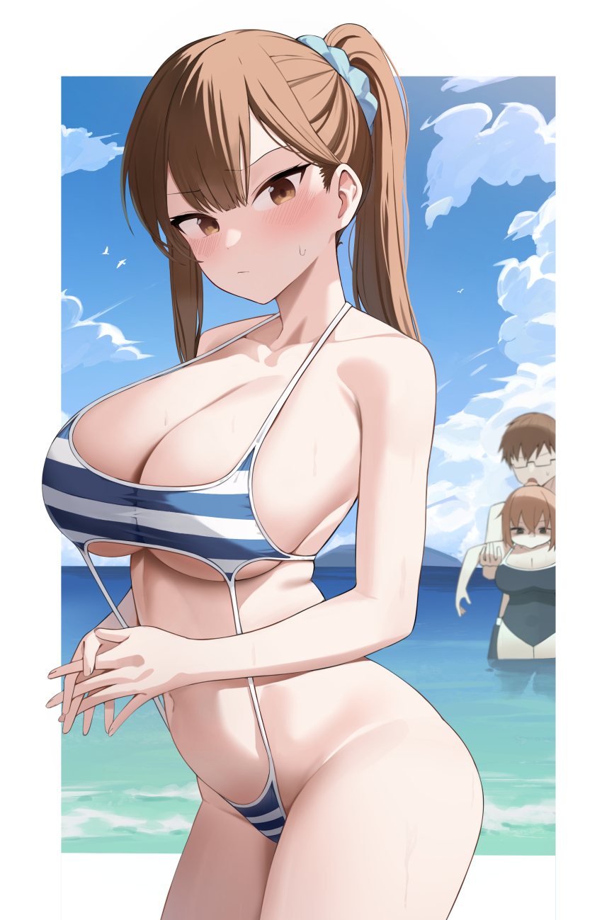 1boy 2girls absurdres bexercube blue_scrunchie blue_sky breasts brown_eyes brown_hair closed_mouth cloud collarbone commentary_request day glasses hair_ornament hair_scrunchie highres kotobuki_hisako large_breasts long_hair looking_at_viewer michinoku_komaro mizunoe_ume multiple_girls navel ocean one-piece_swimsuit outdoors revision scrunchie seitokai_ni_mo_ana_wa_aru! sky striped_clothes striped_one-piece_swimsuit swimsuit thighs wet