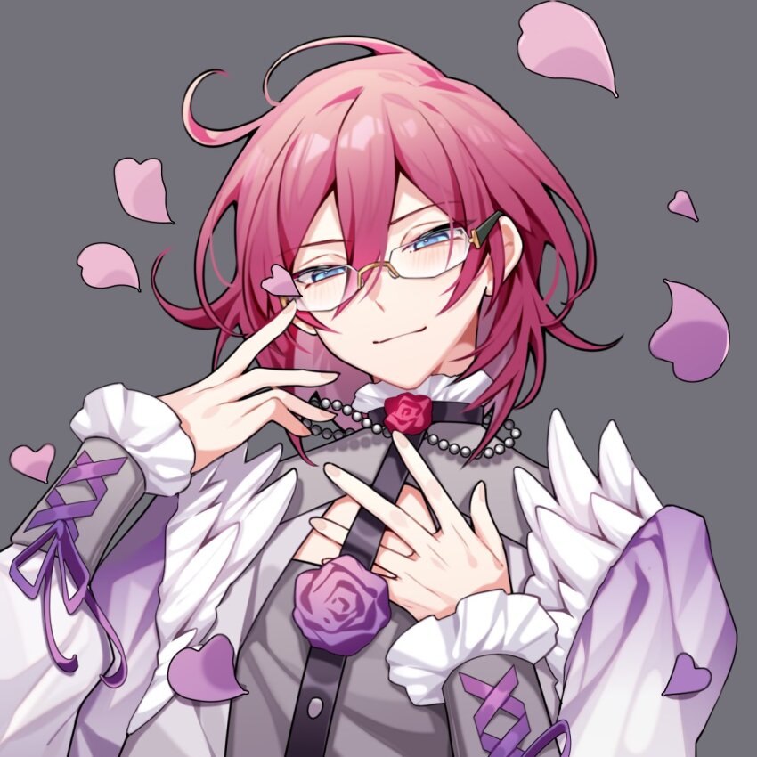 1boy black_choker blue_eyes choker closed_mouth daya_kro ensemble_stars! flower glasses grey_shirt harness highres jacket male_focus multicolored_flower multicolored_rose petals pink_flower pink_hair pink_rose purple_flower purple_rose red_flower red_rose rose saegusa_ibara shirt smile solo white_jacket