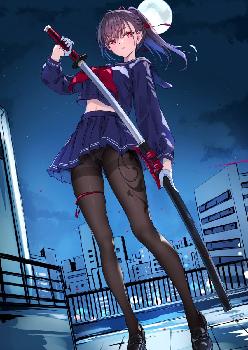 1girl black_hair black_pantyhose blue_sailor_collar blue_shirt blue_skirt blush bow closed_mouth gloves hair_ornament hair_ribbon highres holding holding_sword holding_weapon indoors katana kobayashi_chisato long_hair long_sleeves midriff navel night night_sky original panties pantyhose pleated_skirt ponytail red_bow red_eyes red_ribbon ribbon rooftop sailor_collar school_uniform sheath shirt skirt sky solo sword underwear unsheathing weapon