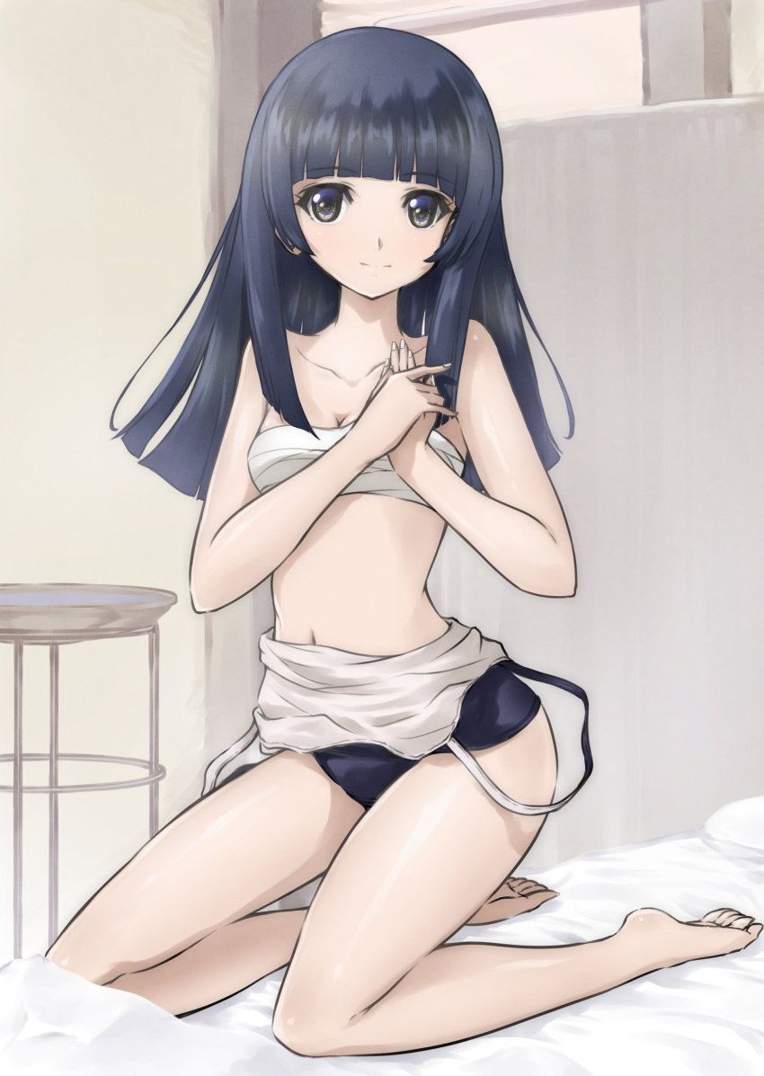 1girl absurdres bed blue_hair blue_one-piece_swimsuit blush breasts brown_eyes cleavage closed_mouth clothes_pull collarbone highres indoors long_hair looking_at_viewer memory_(prophet5) navel on_bed one-piece_swimsuit one-piece_swimsuit_pull sarashi small_breasts smile solo strike_witches swimsuit world_witches_series yamakawa_michiko