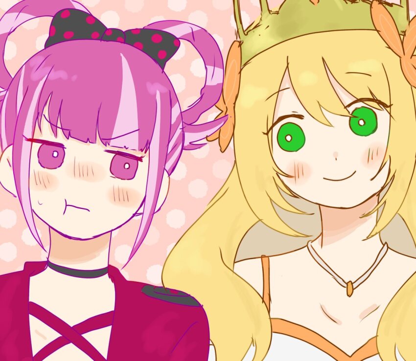 2girls blonde_hair blunt_bangs bow butterfly_hair_ornament celine_(fire_emblem) crown fire_emblem fire_emblem_engage green_eyes hair_bow hair_ornament hair_rings hortensia_(fire_emblem) ichgomi looking_at_another multiple_girls nintendo pink_eyes pink_hair polka_dot polka_dot_bow pout protected_link smile upper_body