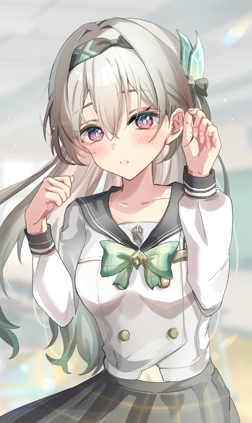 1girl black_hairband blush bow breasts checkered_bow checkered_clothes checkered_skirt chuuna_(unagiunazy) collarbone firefly_(honkai:_star_rail) firefly_(spring_missive)_(honkai:_star_rail) gradient_hair green_bow grey_hair hair_between_eyes hair_intakes hair_ornament hairband highres honkai:_star_rail honkai_(series) long_hair medium_breasts multicolored_hair official_alternate_costume open_mouth pink_eyes school_uniform skirt solo