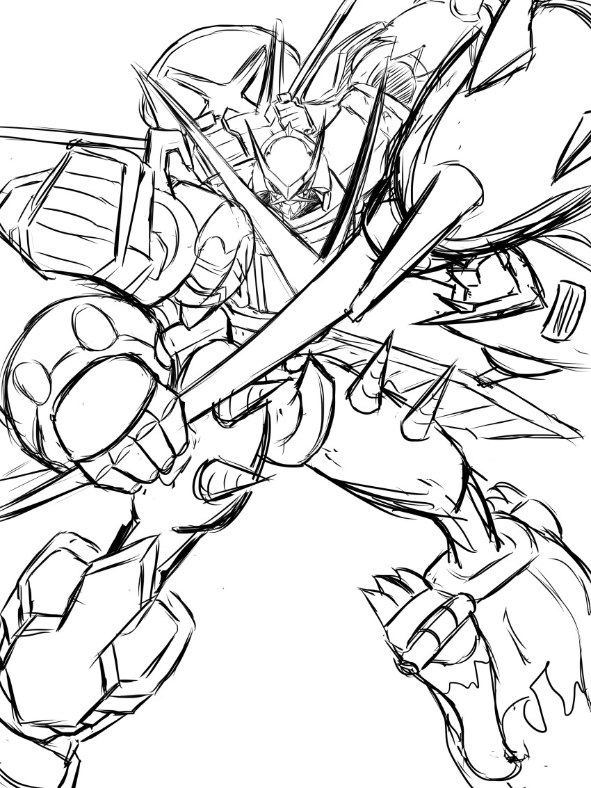absurdres digimon digimon_(creature) digimon_xros_wars drill fusion highres microphone shoutmon_x7 solo spikes