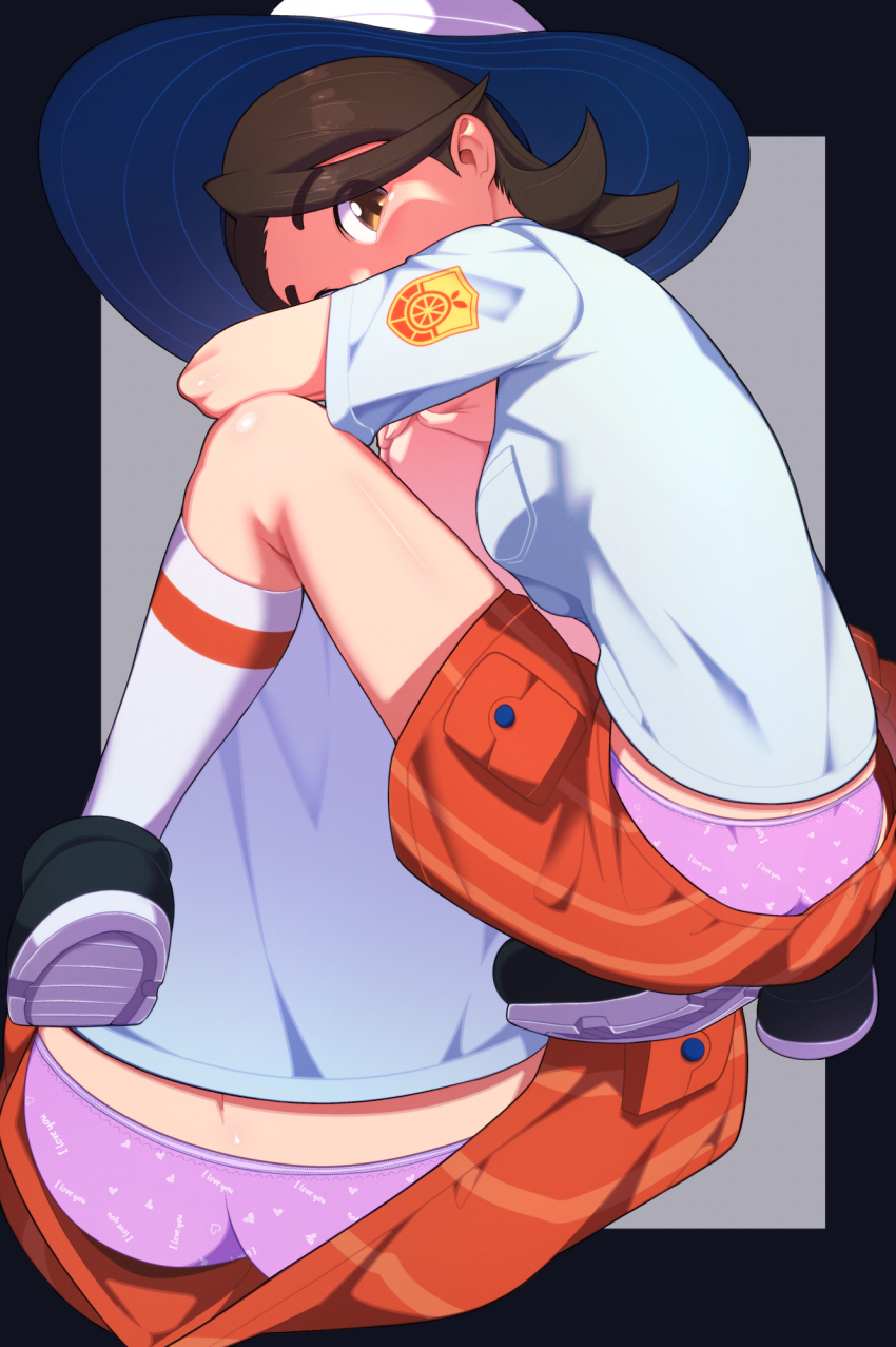 1girl accidental_exposure ahoge ass braid breasts brown_eyes brown_hair clothes_pull euf-dreamer female_focus from_behind full_body hat heel_up highres juliana_(pokemon) kneepits legs long_hair looking_at_viewer looking_back matching_hair/eyes multiple_views naranja_academy_school_uniform nintendo panties pink_panties pokemon pokemon_sv print_panties school_uniform shoe_soles shoes short_sleeves shorts shorts_pull side_braid sitting small_breasts sneakers socks sun_hat underwear white_socks