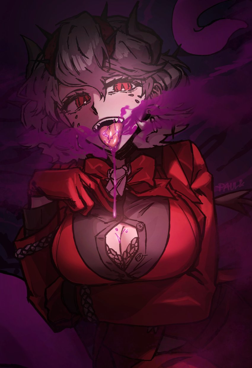 1girl absurdres beelzebub_(helltaker) bow bowtie bra breasts cleavage cleavage_cutout clothing_cutout demon_horns evil_eyes gloves helltaker highres horns jacket large_breasts naughty_face ooze paulandcookie poison purple_theme red_eyes red_gloves red_jacket saliva saliva_trail sharp_teeth signature teeth tongue underwear white_hair white_horns