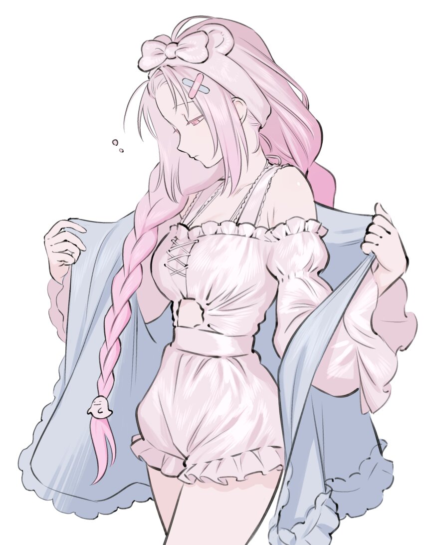 1girl absurdres animal_ear_hairband animal_ears bandaid bandaid_hair_ornament bangs_pinned_back bare_shoulders braid clothing_cutout cowboy_shot crossed_bandaids dt_777_tb expressionless fake_animal_ears frilled_shirt frilled_shorts frilled_sleeves frills ghost_hair_ornament gradient_hair hair_ornament hairband half-closed_eyes highres juliet_sleeves long_hair long_sleeves looking_down multicolored_hair nijisanji off-shoulder_shirt off_shoulder official_alternate_costume pajamas pink_eyes pink_hair puffy_sleeves shiina_yuika shiina_yuika_(13th_costume) shirt short_shorts shorts simple_background solo stomach_cutout twin_braids virtual_youtuber white_background