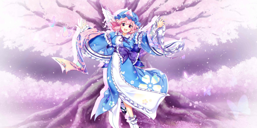 1girl animal_print black_sandals blue_hat blue_kimono breasts bug butterfly butterfly_print cherry_blossoms commentary english_commentary falling_petals frilled_kimono frills game_cg hat highres insect japanese_clothes kimono long_hair long_sleeves looking_at_viewer mob_cap neck_ribbon official_art open_mouth outdoors outstretched_arms petal_print petals pink_butterfly pink_hair pink_petals print_kimono purple_ribbon ribbon rotte_(1109) saigyou_ayakashi saigyouji_yuyuko saigyouji_yuyuko_(boundary_of_time) sandals scarf silhouette sleeve_garter smile socks solo spread_arms third-party_source touhou touhou_lostword tree triangular_headpiece white_socks wide_sleeves
