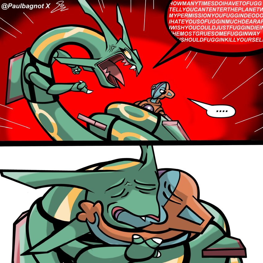 alien angry before_and_after claws crazy_eyes creatures_(company) deoxys deoxys_(normal) disgust dragon emphasis_lines english_text face-to-face fang fangs game_freak gen_3_pokemon highres hop_on_among_us_(meme) hug index_finger_raised kiss legendary_pokemon looking_at_another meme meme_attire mythical_pokemon nintendo no_humans open_mouth paulbagnot pokemon pokemon_(creature) rayquaza restrained serious shaded_face sharp_teeth skin_fang tail teeth tentacles violence what yellow_eyes