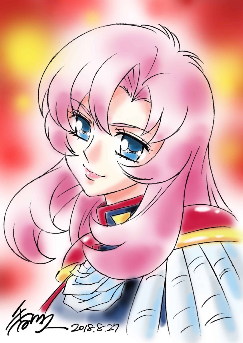 1girl 2018 blue_eyes dated epaulettes female_focus flower gakuran highres kagawa_hisashi long_hair pink_hair portrait rose school_uniform shoujo_kakumei_utena signature smile solo tenjou_utena white_flower white_rose