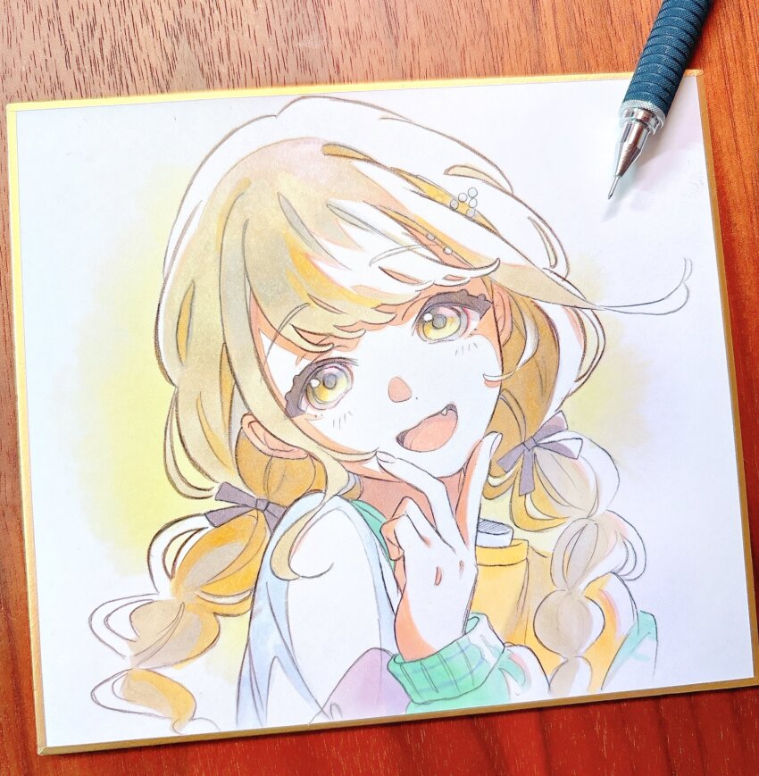 1girl art_tools_in_frame blonde_hair braid commentary_request fang fujita_kotone gakuen_idolmaster highres idolmaster jacket long_hair looking_at_viewer marker_(medium) mechanical_pencil multicolored_jacket open_clothes open_jacket open_mouth pato_(ptro) pencil photo_(medium) smile solo traditional_media twin_braids upper_body v yellow_eyes