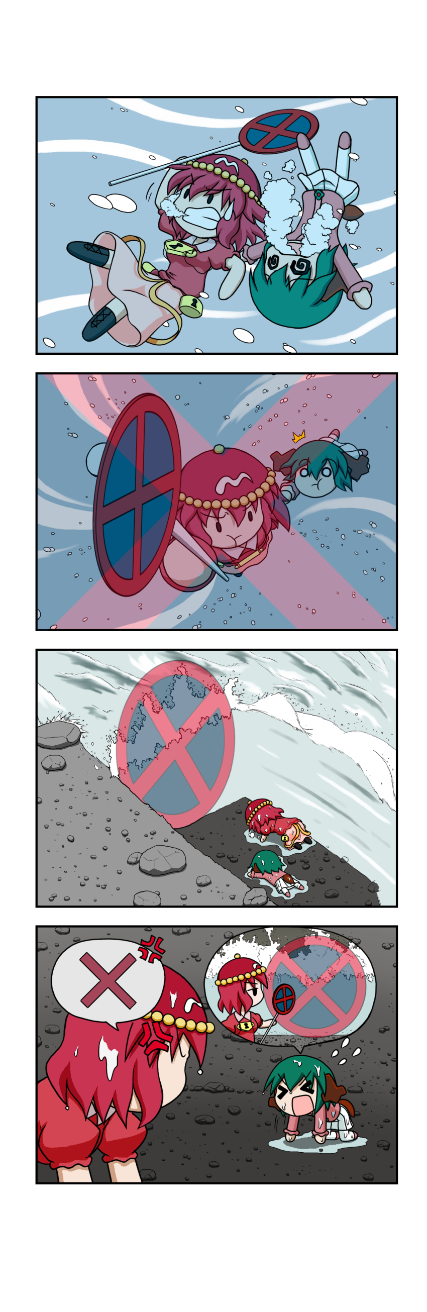 4koma @_@ ^^^ absurdres anger_vein animal_ears bubble comic floppy_ears green_hair highres holding_breath kasodani_kyouko kawashiro_mitori keyhole lock padlock pink_skirt rakugaki-biyori red_hair road_sign sign silent_comic skirt solid_circle_eyes spoken_x swimming touhou underwater water wet white_skirt