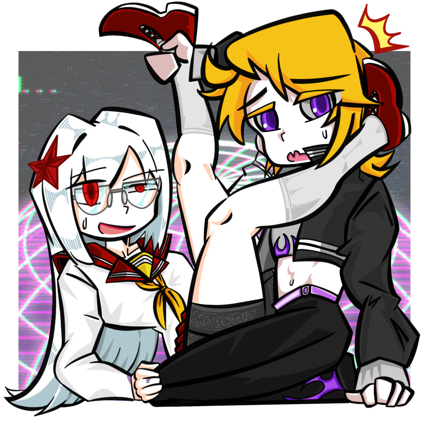 2girls abs artist_request asymmetrical_bangs belt bike_shorts_under_skirt black_jacket black_pants blonde_hair breasts china communism crop_top cropped_jacket discord_source dynamic_pose embarrassed fang fire flame_print hair_between_eyes hair_ornament hearts_of_iron highres holding_another&#039;s_ankle holding_another&#039;s_leg jacket knees leg_on_another&#039;s_shoulder long_hair long_sleeves looking_at_viewer medium_hair multiple_girls navel non-web_source original pants pleated_skirt purple_belt purple_eyes purple_fire red_sailor_collar red_shoes red_skirt red_star sailor_collar school_uniform serafuku shoes sidelocks skin_fang skirt small_breasts socks star_(symbol) the_fire_rises the_fire_rises-chan the_long_march_(tfr) thick_thighs thighs toned toned_female white_serafuku yellow_dickey yuri