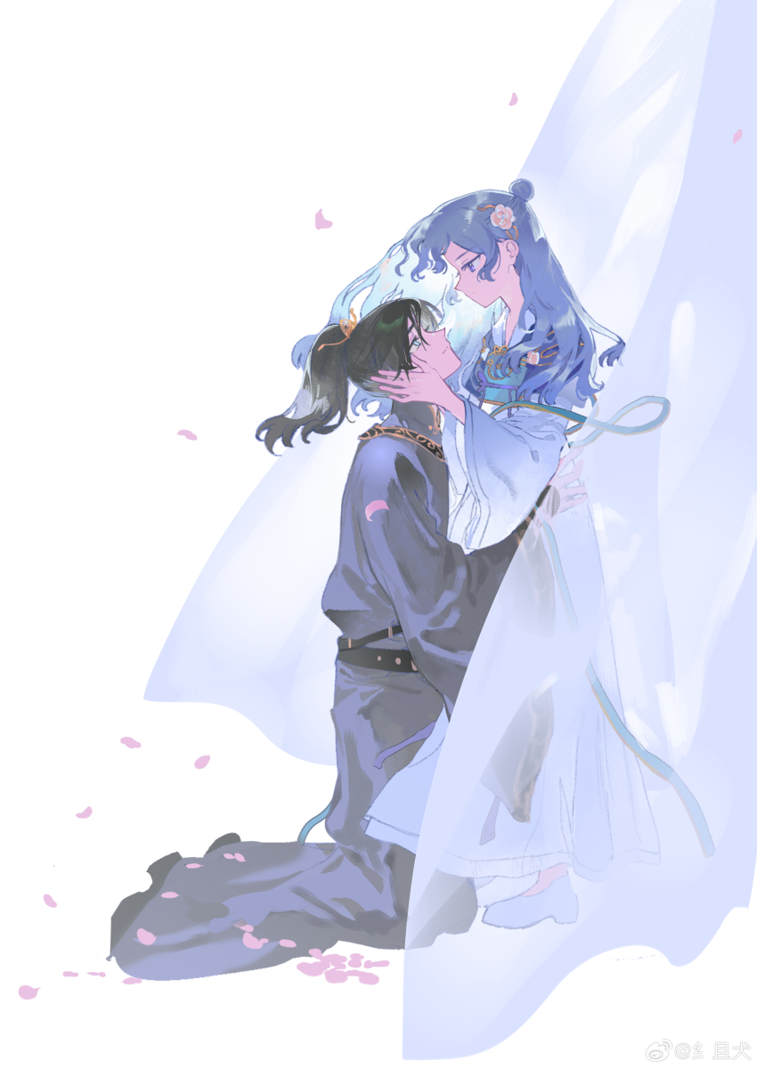 1boy 1girl absurdres belt belt_buckle black_belt black_hair blue_eyes bracer buckle check_copyright chinese_commentary closed_mouth commentary_request copyright_request couple curtains dress eye_contact eyelashes falling_petals floating_hair flower flower_brooch frilled_dress frills from_side full_body grey_hanfu hair_bun hair_flower hair_ornament hair_ribbon hand_on_another&#039;s_cheek hand_on_another&#039;s_face hetero high_collar high_heels highres hug kneeling long_dress long_hair long_sleeves looking_at_another original petals pink_flower ponytail pumps purple_eyes purple_hair ribbon seika_(osbuzr) single_hair_bun sitting smile studded_belt thick_eyebrows upturned_eyes watermark wavy_hair weibo_watermark white_background white_dress white_footwear wide_sleeves yellow_ribbon