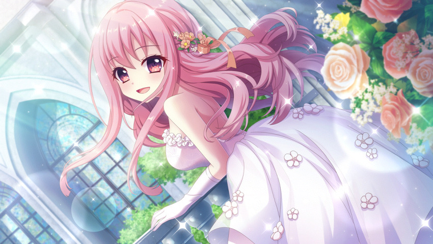 1girl alternate_hairstyle asahi_hina backless_outfit bare_shoulders blurry blurry_foreground blush breasts church day dot_nose dress dutch_angle film_grain flower frilled_dress frills from_behind game_cg gloves hair_down hair_flower hair_ornament hair_ribbon hand_on_railing izumi_tsubasu lens_flare long_hair looking_at_viewer looking_back medium_breasts non-web_source official_art open_mouth orange_flower orange_ribbon orange_rose pink_eyes re:stage! ribbon rose shoulder_blades smile solo sparkle stained_glass wedding_dress white_flower white_gloves window yellow_flower