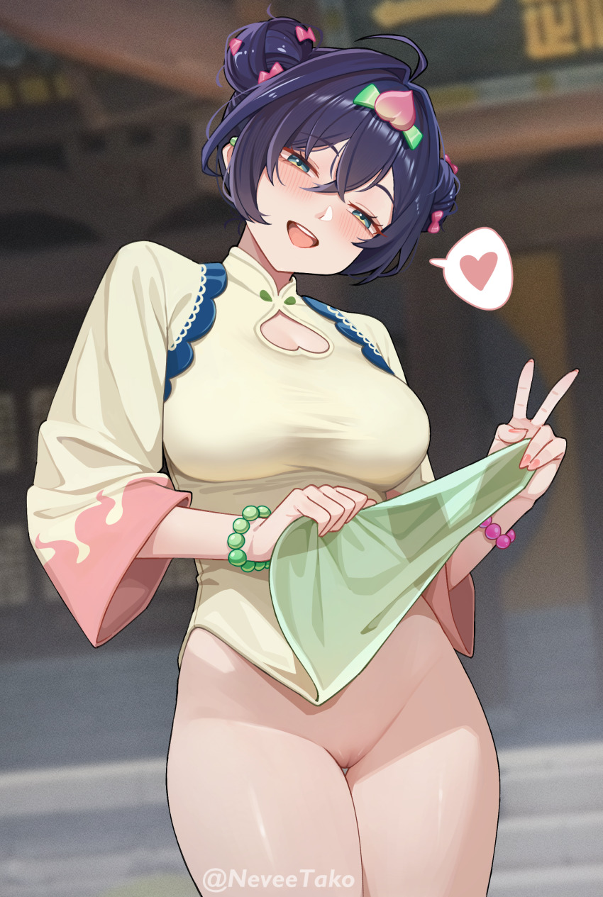 1girl :d absurdres ahoge bead_bracelet beads belle_(zenless_zone_zero) blue_hair blurry blurry_background blush bow bracelet breasts china_dress chinese_clothes cleavage_cutout cleft_of_venus clothes_lift clothing_cutout collared_dress commentary cowboy_shot crossed_bangs day double-parted_bangs double_bun dress dress_lift english_commentary flame_print food-themed_hair_ornament green_eyes hair_between_eyes hair_bow hair_bun hair_ornament head_tilt heart highres jewelry large_breasts lifting_own_clothes nevee no_panties official_alternate_costume open_mouth outdoors pink_bow print_sleeves pussy short_hair smile solo spoken_heart teeth thigh_gap three-quarter_sleeves uncensored upper_teeth_only v wide_sleeves yellow_dress zenless_zone_zero