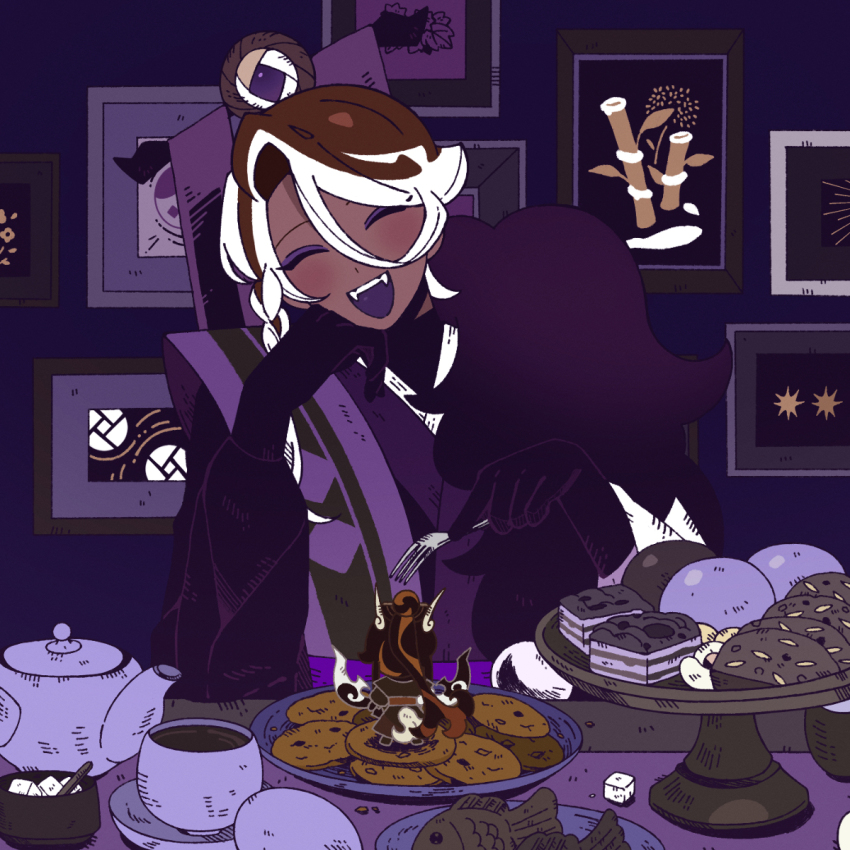 1boy 1girl ^_^ affogato_cookie against_table bishounen black_gloves black_shawl braid brown_hair cake_stand caramel_arrow_cookie ckrn_latte closed_eyes colored_tongue cookie cookie_run cookie_run:_kingdom cup curtained_hair dark-skinned_male dark_skin dessert elbow_rest eyeshadow facing_another fangs food fork fur_shawl gloves hair_between_eyes hair_over_shoulder hair_rings head_tilt highres holding holding_fork humanization indoors jacket kimono_collar light_blush long_sleeves makeup male_focus mini_person minigirl open_mouth picture_frame plate purple_eyeshadow purple_jacket purple_tongue sauce shawl side_braid side_part single_hair_ring size_difference sleeveless sleeveless_jacket straight-on sugar_cube teacup teapot teeth upper_teeth_only wallpaper_(object) white_hair