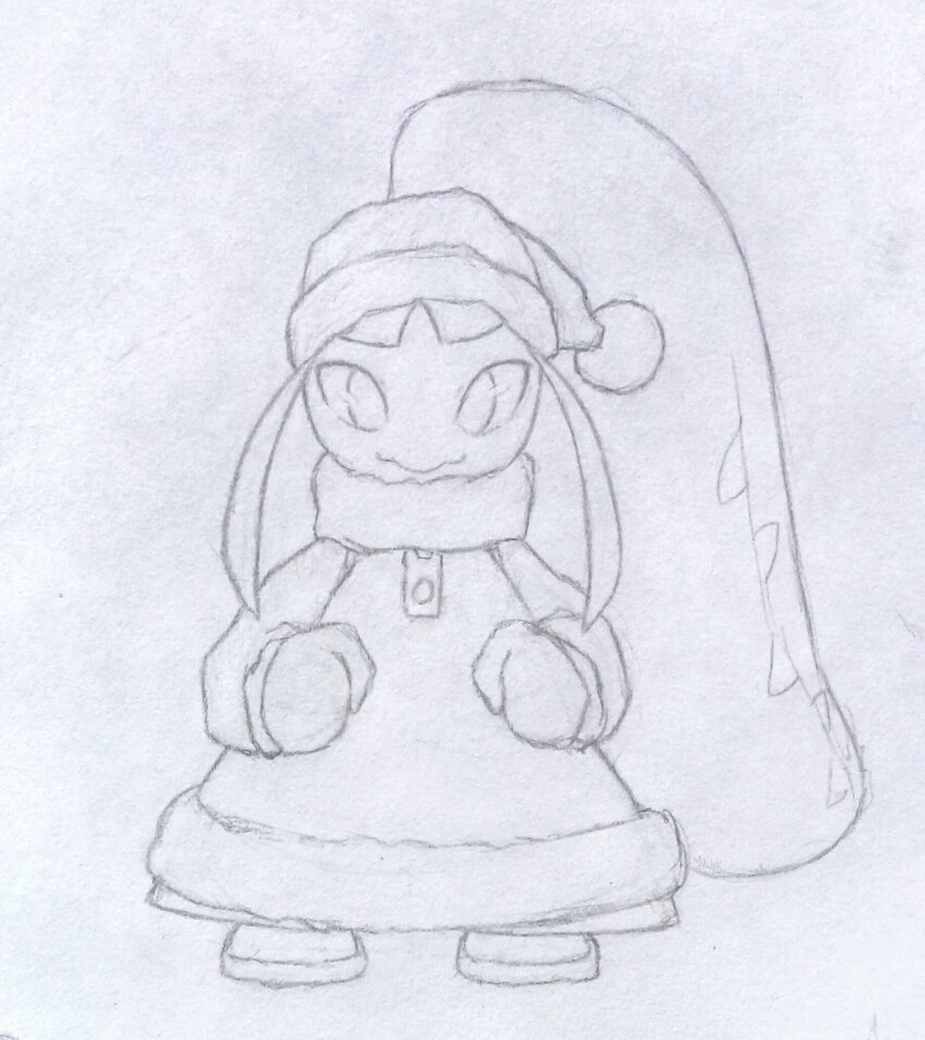 1girl big_hair buttons clenched_hands closed_mouth clothed_pokemon dress extra_mouth female_focus flat_chest full_body fur-trimmed_dress fur-trimmed_hat fur_collar fur_trim gen_3_pokemon gloves greyscale hands_up hat lineart long_hair long_sleeves looking_at_viewer mawaifu mawile mittens monochrome nintendo pokemon pokemon_(creature) pom_pom_(clothes) santa_costume santa_dress santa_hat sharp_teeth shoes sidelocks simple_background solo standing straight-on teeth traditional_media very_long_hair white_background winter_clothes
