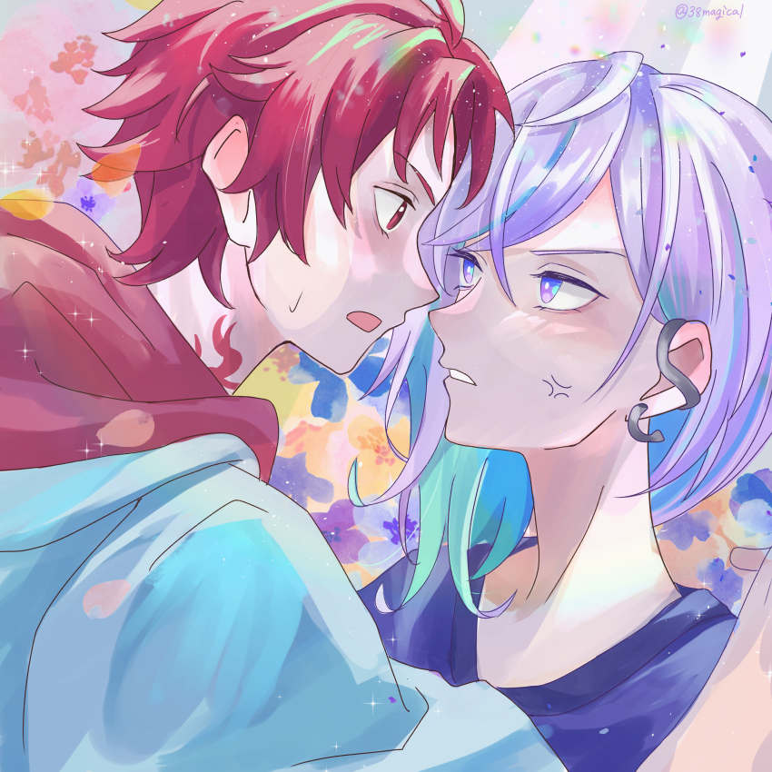 2boys absurdres anger_vein aqua_eyes colored_inner_hair facing_another highres looking_at_viewer male_focus medium_hair miya_(38magical) multicolored_hair multiple_boys neck_tattoo paradox_live phantometal_(paradox_live) purple_eyes purple_hair red_eyes red_hair sugasano_allen tattoo yatonokami_kanata