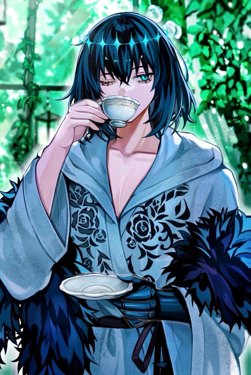 1boy black_hair blue_eyes cup diandao_qin fate/grand_order fate_(series) fur_trim hair_between_eyes highres japanese_clothes kimono oberon_(fate) oberon_(third_ascension)_(fate) short_hair solo teacup