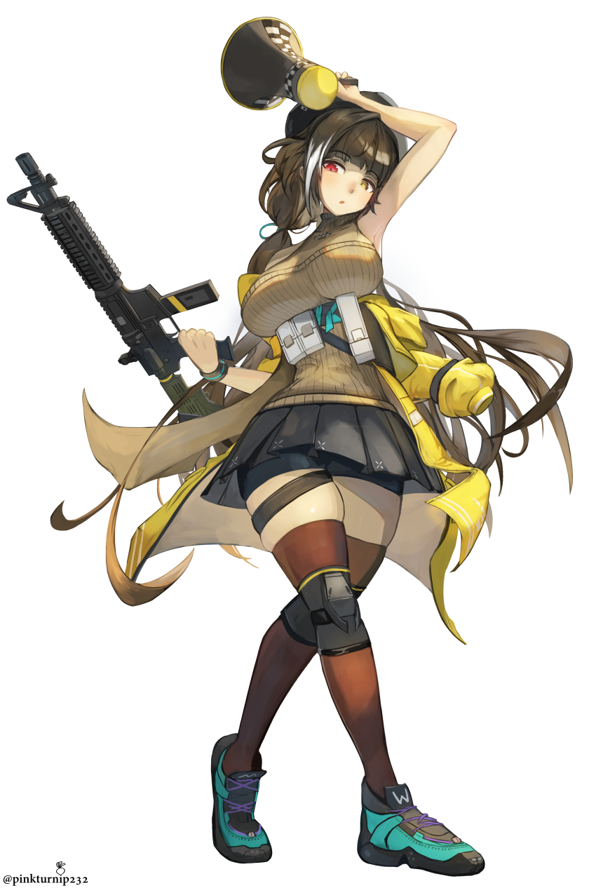 1girl absurdres arm_up armpits bare_shoulders bike_shorts black_shorts black_skirt breasts brown_hair clothes_pull expressionless full_body girls&#039;_frontline girls&#039;_frontline_2:_exilium gun hand_up heart highres hip_focus holding holding_gun holding_megaphone holding_weapon jacket jacket_pull large_breasts long_hair megaphone miniskirt multicolored_hair off_shoulder open_clothes open_jacket open_mouth pinkturnip232 pleated_skirt red_eyes ro635_(girls&#039;_frontline) robella_(girls&#039;_frontline_2) shorts skindentation skirt sleeveless sleeveless_sweater solo standing streaked_hair submachine_gun sweater thigh_strap thighhighs thighs two-tone_hair very_long_hair weapon white_hair yellow_eyes yellow_jacket