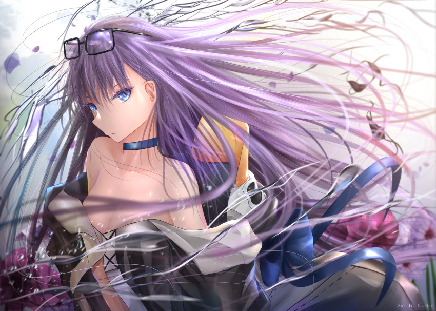 1girl absurdres animal_hood artist_name bare_shoulders bikini black_jacket blue_eyes blue_ribbon breasts expressionless eyelashes eyewear_on_head fate/grand_order fate_(series) flower glasses highres hood hood_down huge_filesize jacket kayjae lavender_flower long_hair looking_at_viewer looking_to_the_side meltryllis meltryllis_(fate) meltryllis_(swimsuit_lancer)_(fate) meltryllis_(swimsuit_lancer)_(first_ascension)_(fate) off-shoulder_one-piece_swimsuit off_shoulder one-piece_swimsuit penguin_hood purple_flower ribbon small_breasts solo swimsuit