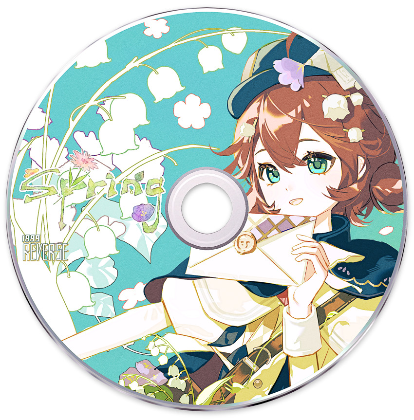 1girl :d album_cover aqua_background aqua_eyes bag black_cape black_hat brown_bag brown_hair cape cd coat copyright_name cover english_text envelope flower flutterpage hair_flower hair_ornament hand_up hat highres holding holding_envelope light176 lily_of_the_valley official_alternate_costume open_mouth reverse:1999 round_image shoulder_bag smile solo transparent_background upper_body white_coat white_flower