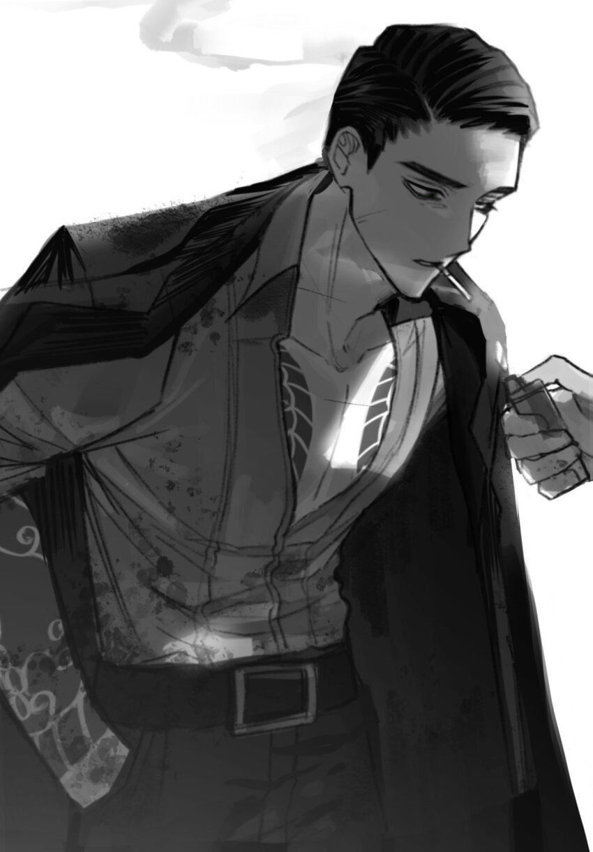 1boy belt black_belt black_hair black_pants chanil_(muexlku) cigarette collared_shirt cowboy_shot grey_shirt hair_slicked_back hands_in_pockets highres kurokumo_clan_(identity)_(project_moon) limbus_company meursault_(project_moon) open_clothes open_shirt pants project_moon shirt simple_background smoke smoking solo white_background