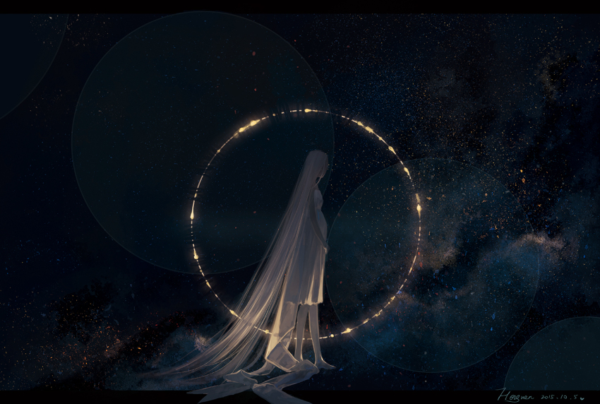 1girl absurdly_long_hair bare_arms barefoot breasts circle dated dress from_side glowing hengwen letterboxed light_particles long_hair original outside_border pregnant signature solo standing straight_hair train_(clothing) very_long_hair white_dress white_hair wide_shot
