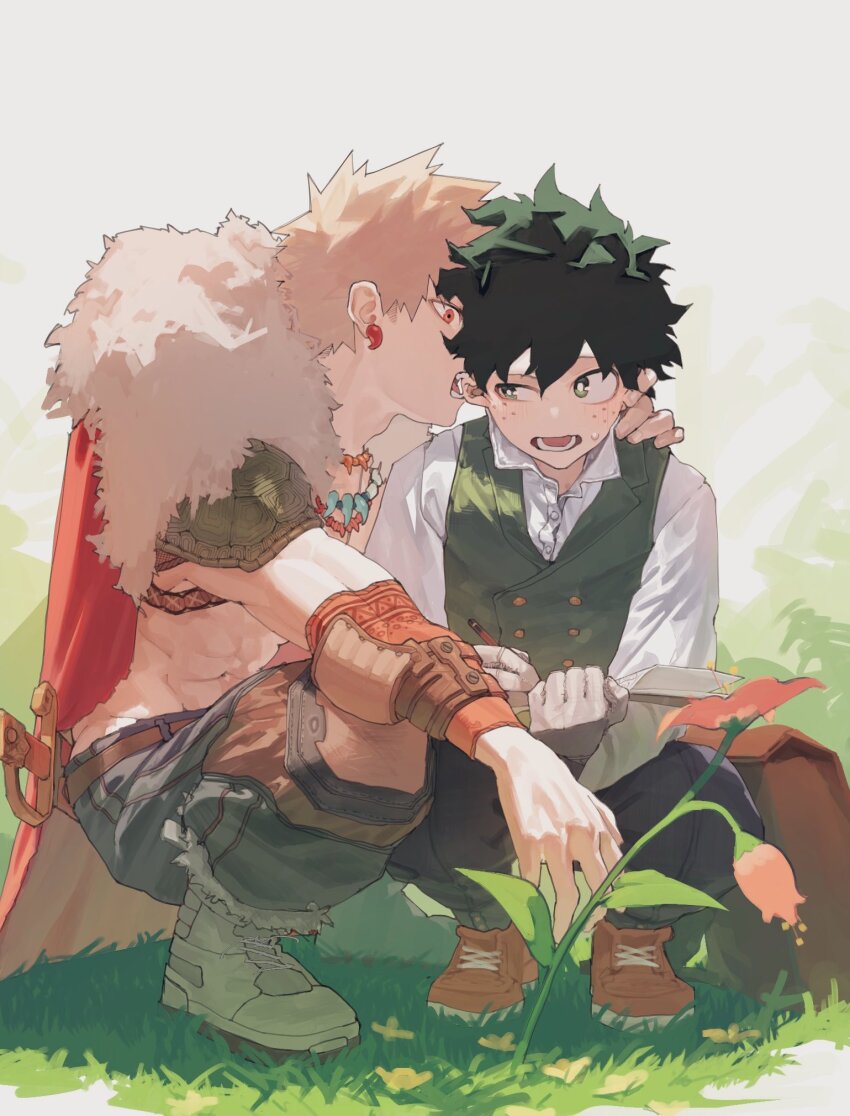 2boys abs bakugou_katsuki belt biting biting_ear black_pants blonde_hair boku_no_hero_academia book boots brown_belt cape collared_shirt commentary_request cut_(nifuhami_35) earrings flower fur-trimmed_cape fur_trim grass green_eyes hair_between_eyes hand_on_another&#039;s_neck highres holding holding_book jewelry kneeling looking_to_the_side male_focus midoriya_izuku midriff multiple_boys multiple_necklaces necklace official_alternate_costume open_book open_mouth pants piercing red_cape red_eyes red_flower red_shoes shirt shoes sideways_glance sword teeth uneven_eyes vest weapon white_fur white_shirt wing_collar