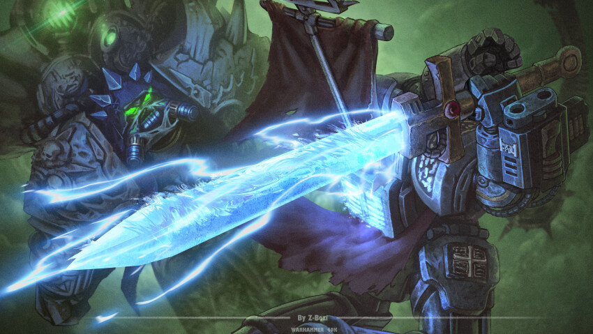 absurdres armor artist_name breastplate chaos_(warhammer) charging_forward chinese_commentary cloak commentary_request couter cowboy_shot crotch_plate cuirass cuisses death_guard demon_primarch feet_out_of_frame fumes gauntlets glowing glowing_eyes glowing_sword glowing_weapon green_eyes grey_knight highres holding holding_sword holding_weapon hood hooded_cloak inquisition_(warhammer) kaldor_draigo leg_armor looking_at_another male_focus mask mortarion pauldrons plate_armor power_armor primarch purple_cloak rebreather rerebrace respirator scythe shoulder_armor silence_(weapon) skull slime_(substance) spikes straight-on sword warhammer_40k weapon zhang_bozi