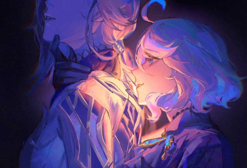 2girls ahoge arlecchino_(genshin_impact) ascot black_background black_gloves black_hair blue_ascot blue_eyes blue_gemstone blue_hair blue_jacket commentary cropped from_side furina_(genshin_impact) gem genshin_impact gloves grey_hair grey_jacket hair_between_eyes hand_up highres jacket keibleh lapels long_hair long_sleeves looking_at_another low_ponytail multicolored_hair multiple_girls no_headwear ponytail short_hair sidelocks smile standing teeth two-tone_hair vision_(genshin_impact) white_gloves yuri