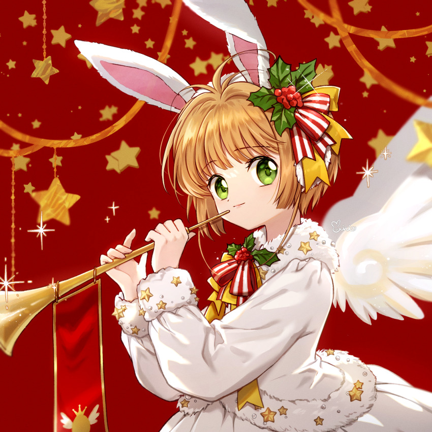 1girl animal_ears blonde_hair cardcaptor_sakura christmas closed_mouth danby_merong fake_animal_ears fur-trimmed_jacket fur-trimmed_sleeves fur_trim green_eyes hands_up highres holding holding_instrument instrument jacket kinomoto_sakura long_sleeves rabbit_ears red_background simple_background skirt smile solo star_(symbol) star_symbol_background trumpet white_jacket white_skirt white_wings wings