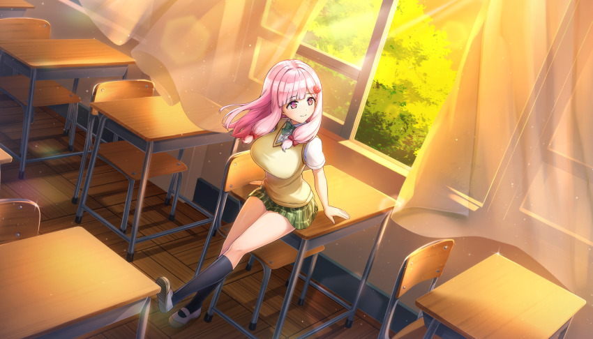 1girl black_socks bow bowtie breasts crosshair_pupils dolphin_wave green_bow green_bowtie green_skirt highres large_breasts nacht_(dolphin_wave) non-web_source octopus_hair_ornament official_art ootomo_takuji pink_eyes pink_hair plaid_clothes plaid_skirt sainan_high_school_uniform school_uniform skirt socks summer_uniform sweater_vest to_love-ru to_love-ru_darkness twintails vest yellow_sweater_vest yellow_vest