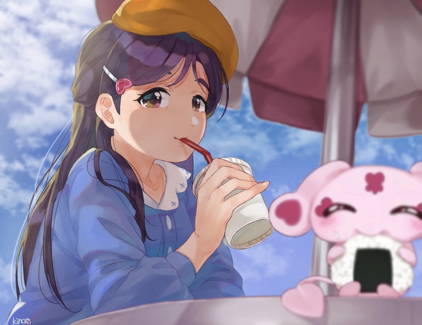 1girl artist_name beret blue_dress brown_eyes casual cloud commentary_request dress drinking drinking_straw eating eyelashes food futari_wa_precure hair_ornament hairclip happy hat kino-maru_inu long_hair looking_at_viewer mipple onigiri parasol precure purple_hair signature sky slurping smile soda solo umbrella yukishiro_honoka