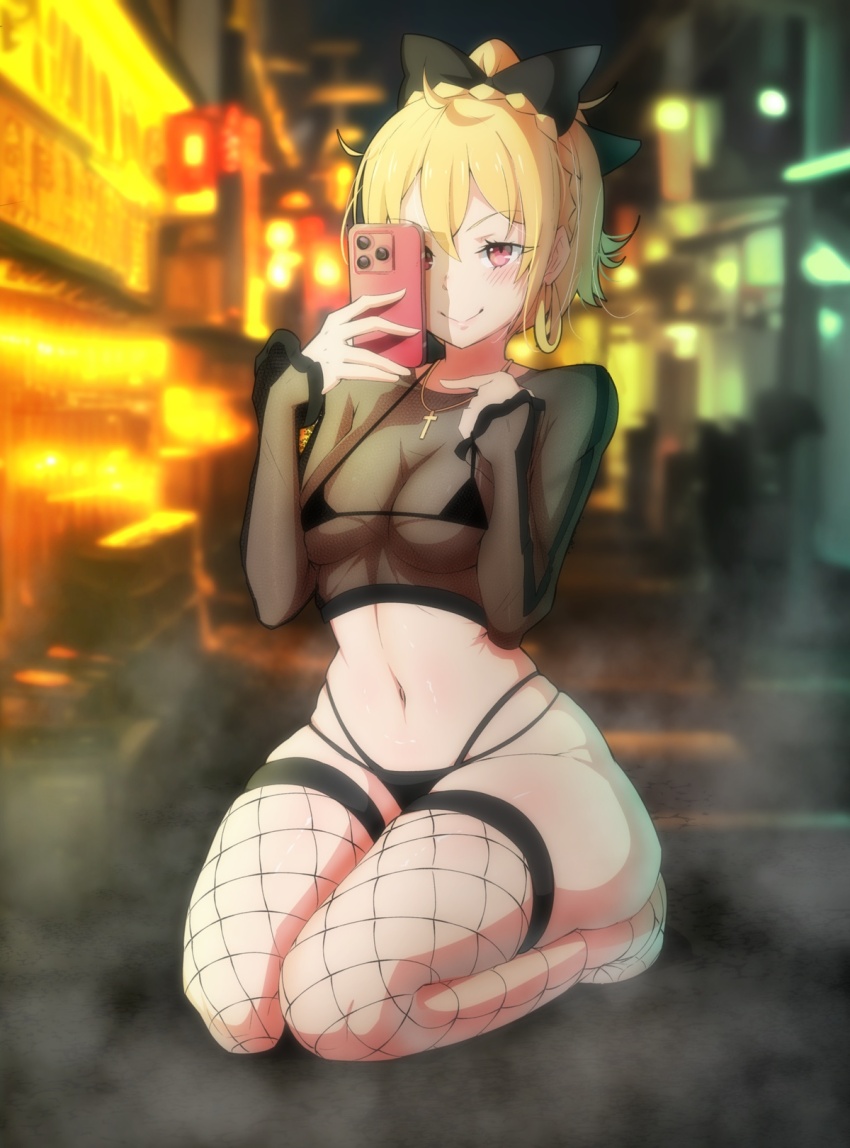 cedric_(gear_art) cellphone felt_(re:zero) fishnets goth_fashion highres micro_bra phone re:zero_kara_hajimeru_isekai_seikatsu see-through_clothes see-through_shirt shirt smartphone