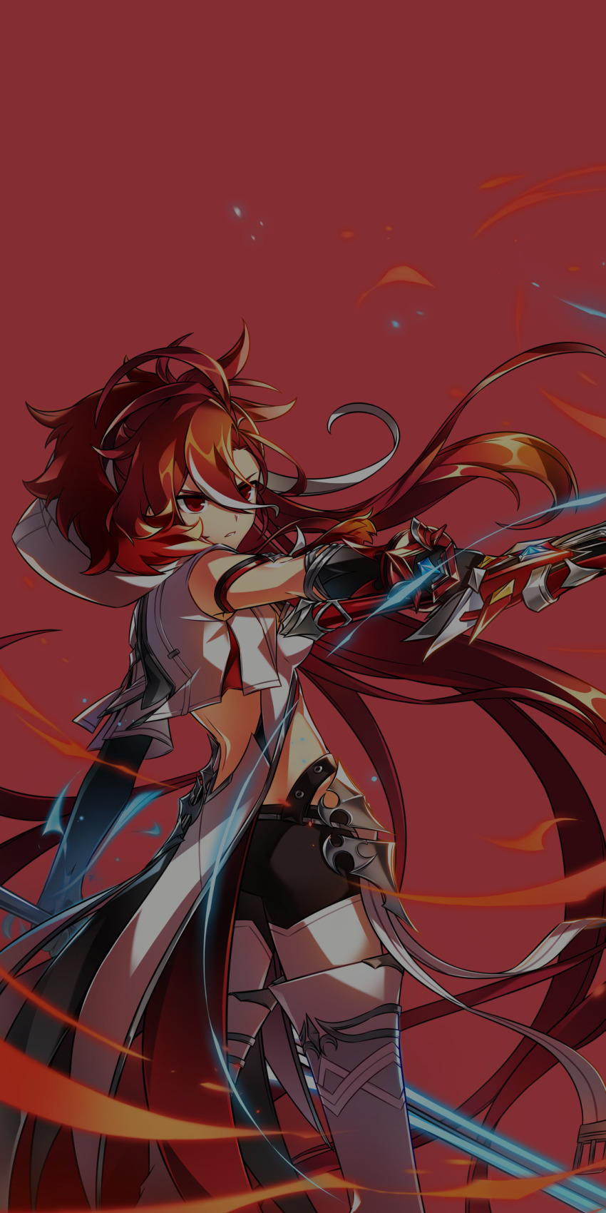 1girl absurdly_long_hair armor bare_shoulders black_shorts bow bracer closed_mouth cowboy_shot cropped_jacket determined elesis_(elsword) elsword faulds fighting_stance fire frown hair_between_eyes highleg highleg_panties highres holding holding_sword holding_weapon hood hood_down hooded_jacket hwansang jacket long_hair messy_hair midriff multicolored_hair official_art outstretched_arm panties ponytail pyrokinesis red_background red_bow red_eyes red_hair second-party_source short_shorts shorts simple_background sleeveless sleeveless_jacket solo standing streaked_hair sword thighhighs underwear very_long_hair weapon white_hair white_jacket white_thighhighs