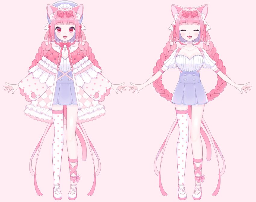 1girl animal_ear_fluff animal_ears asymmetrical_legwear blue_dress blue_headwear blunt_bangs braid cat_ears cat_tail closed_eyes dress frills full_body hairband hand_up highres jikuno long_hair long_sleeves open_mouth original pink_background pink_eyes pink_hair short_sleeves simple_background solo tail thighhighs uneven_legwear white_footwear white_thighhighs wide_sleeves