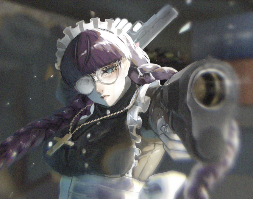 1girl apron black_dress black_hair black_lagoon braid dress gun holding holding_gun holding_weapon long_hair looking_at_viewer maid roberta_(black_lagoon) round_eyewear solo tora_toraoooo twin_braids weapon
