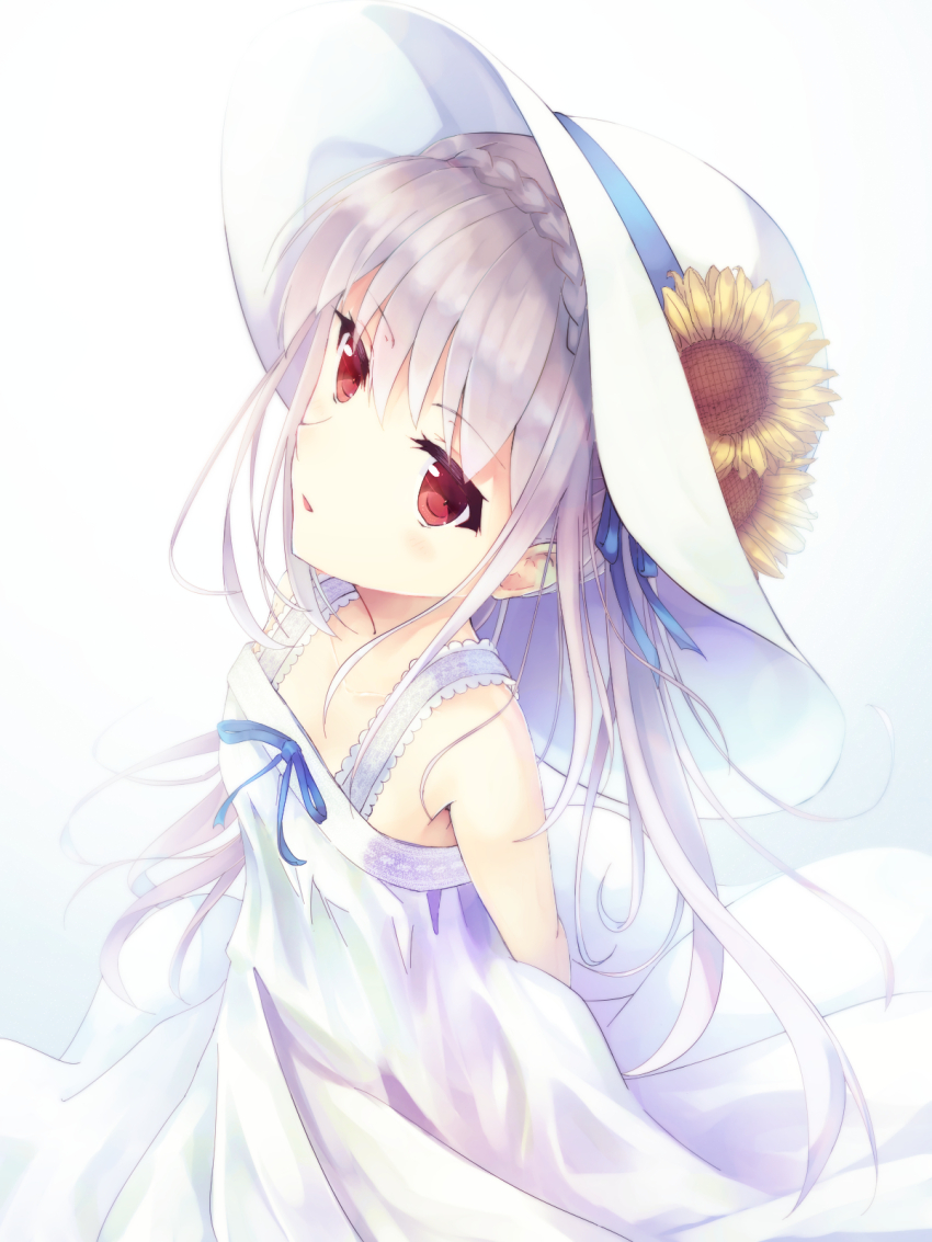 1girl alternate_costume arms_behind_back bare_shoulders blue_ribbon braid breasts coffee1223 commentary_request crown_braid dress flower from_above grey_hair hair_between_eyes hair_ribbon hat hat_flower highres light_blush long_hair looking_at_viewer looking_up nose parted_lips red_eyes ribbon sakurakouji_luna simple_background sleeveless sleeveless_dress small_breasts smile solo sundress sunflower tsuki_ni_yorisou_otome_no_sahou very_long_hair white_background white_dress white_hat