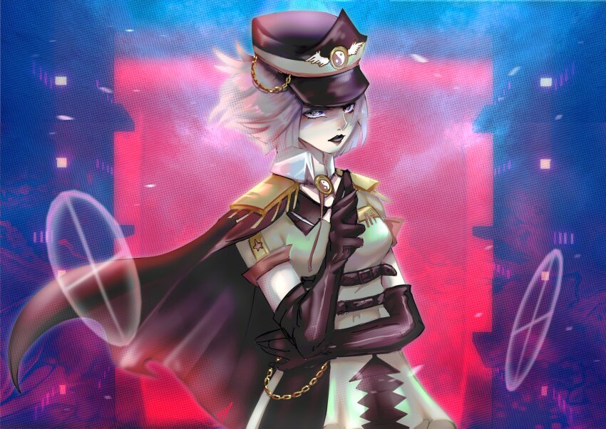 1girl bad_id bad_twitter_id belt belt_buckle black_belt black_cape black_gloves black_hat black_lips blunt_ends breasts brooch buckle cape chain chest_belt city closed_mouth collared_shirt commentary cowboy_shot crosshair dog dress elbow_gloves english_commentary epaulettes expressionless floating_hair fujiwara_no_shirogane_no_sanra genderswap genderswap_(otf) gloves gold_chain green_dress grey_eyes grey_hair hand_on_own_elbow hat high_collar highres jewelry len&#039;en lipstick looking_ahead luo_qiangwei makeup medium_breasts military_hat military_uniform neck_ribbon outdoors pagoda pocket red_ribbon red_sky ribbon shirt short_hair short_sleeves sky solo star_(symbol) star_print white_shirt wing_print yin_yang yin_yang_print