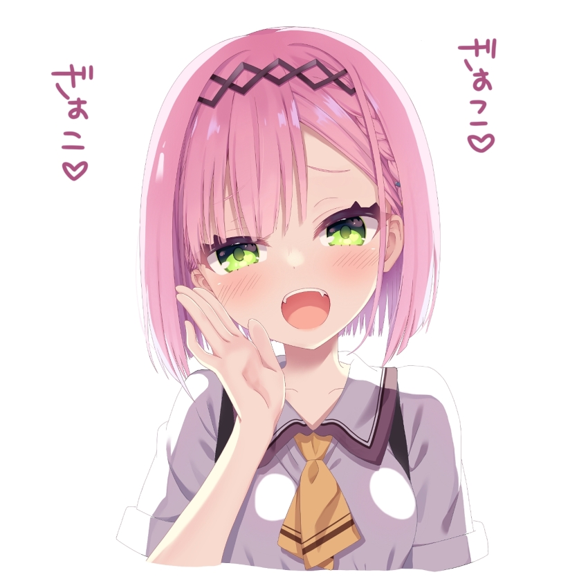 1girl :d ascot backlighting black_hairband blunt_bangs blunt_ends blush bob_cut chinese_commentary close-up collared_shirt commentary_request derivative_work eyelashes fangs furrowed_brow green_eyes hair_behind_ear hair_between_eyes hairband hand_up heart heart_in_eye highres looking_at_viewer mesugaki open_hand open_mouth partial_commentary pink_hair school_uniform shirt short_hair short_sleeves simple_background smile solo straight_hair symbol_in_eye tanikaze_amane teeth tenshi_souzou_re-boot! translated upper_teeth_only user_jhgn8474 white_background white_shirt yellow_ascot
