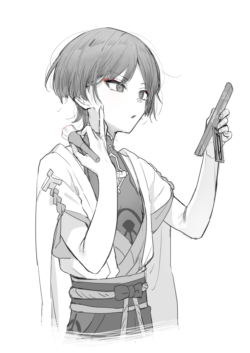 1boy applying_makeup applying_own_makeup belt blunt_ends bodysuit bow buku2_suisou expressionless eyeliner eyeshadow genshin_impact hair_intakes hand_mirror highres hip_vent holding holding_brush holding_mirror japanese_clothes kimono looking_at_mirror looking_at_object loose_hair_strand makeup makeup_brush male_focus mandarin_collar mirror monochrome one_eye_closed open_clothes open_hand open_kimono open_mouth parted_bangs partially_colored red_eyeliner red_eyeshadow rope scaramouche_(genshin_impact) short_sleeves shoulder_peek solo tassel upper_body wanderer_(genshin_impact) white_background