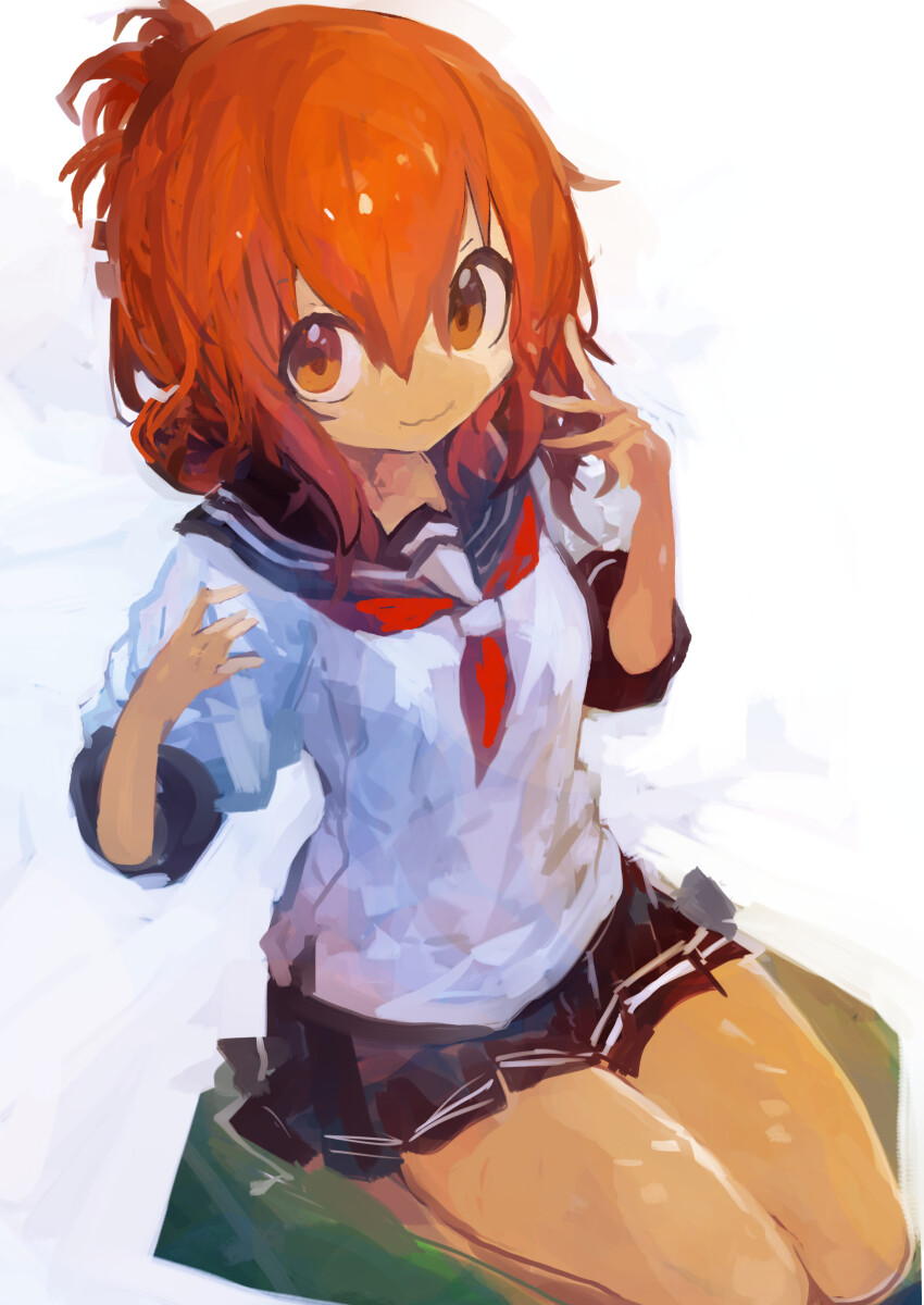 1girl absurdres black_sailor_collar black_skirt brown_eyes brown_hair closed_mouth commentary cushion folded_ponytail hair_between_eyes highres inazuma_(kancolle) kaamin_(mariarose753) kantai_collection looking_at_viewer miniskirt neckerchief orange_hair pleated_skirt red_neckerchief sailor_collar school_uniform serafuku simple_background sitting skirt solo wavy_mouth