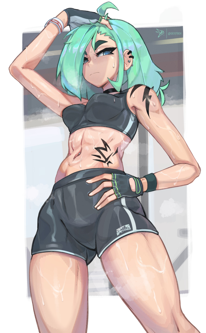 1girl abs absurdres ahoge arm_tattoo blue_eyes breasts cameltoe ear_piercing fingerless_gloves geistbox gloves green_hair hand_on_own_head hand_on_own_hip highres looking_down medium_breasts muscular muscular_female navel navel_piercing one_eye_obstructed original piercing serious shorts sportswear sweat tattoo stomach_tattoo vio_(geistbox)