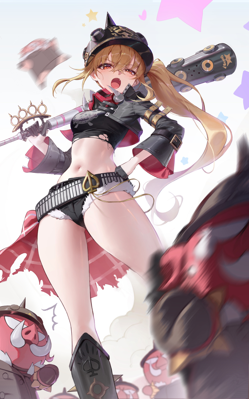 1girl absurdres baseball_bat black_helmet black_jacket black_shirt blonde_hair boar brass_knuckles breasts combat_helmet commentary cropped_jacket cropped_shirt from_below fur-trimmed_shorts fur_trim gloves half_gloves hand_on_own_hip helmet highres holding holding_baseball_bat jacket jinbin825 long_hair luciana_de_montefio mask mask_around_neck medium_breasts metal_baseball_bat micro_shorts midriff navel open_mouth pickelhaube red_eyes respirator shirt shorts side_ponytail solo stomach thighs weapon white_background zenless_zone_zero